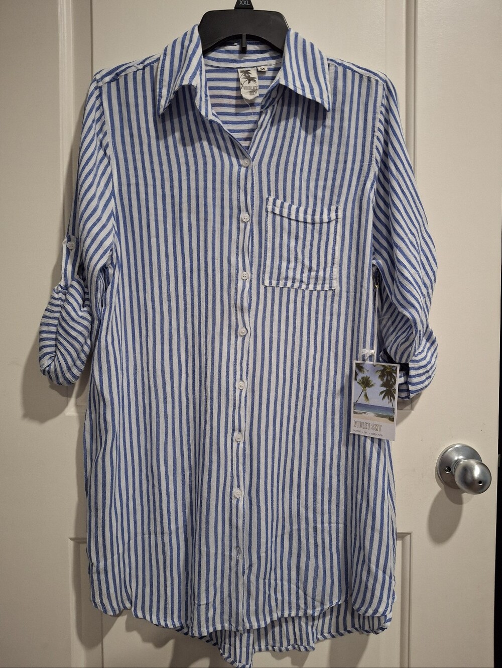 Violet Sky Tunic Blue and White Striped Womens  Button-Down Shirt  Size M  NWT